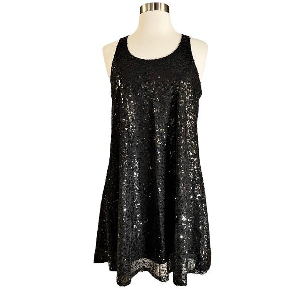 Cocktail Black Sequins Dress Swing Sleeveless Racerback by UNIX LBD Small NWT - Picture 1 of 8